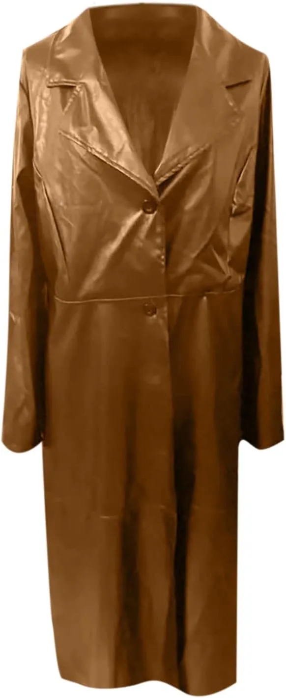 Womens Long Trench Coat Faux Leather Maxi Coat Full Length Casual PU Windproof Coat Lapel Collar Windbreaker Jacket