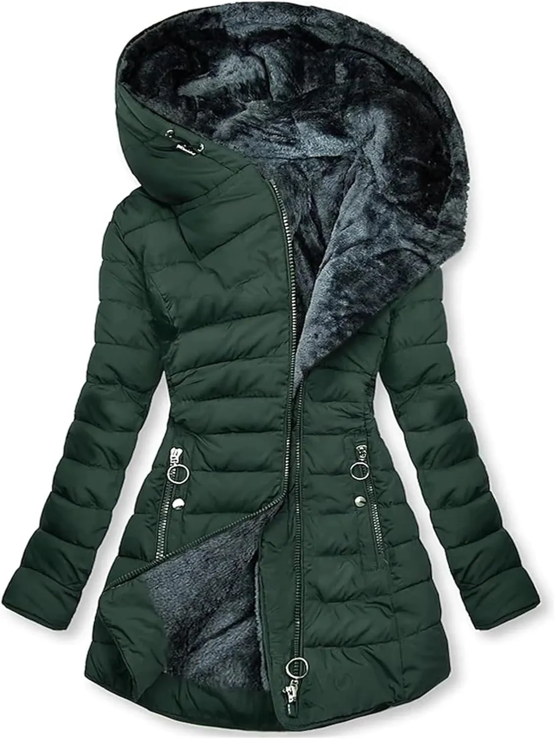 Women's Long Warm Thickened Winter Coat Offer Sherpa Lined Down Jacket Winter Cotton Padded Jacket Waterproof Fleece Coats Outdoor Women's Jacket(Green,3X-Large)
