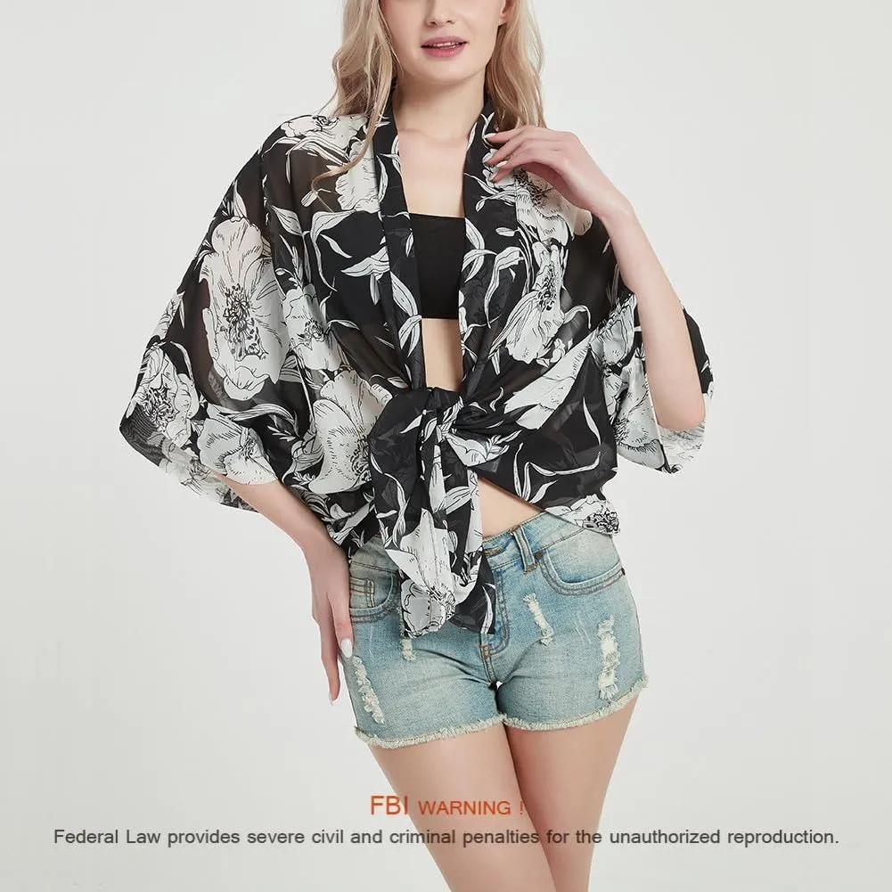 Women's Loose Print Sheer Chiffon Kimono Beach Swim Cover up Cardigan Capes Blouse Tops