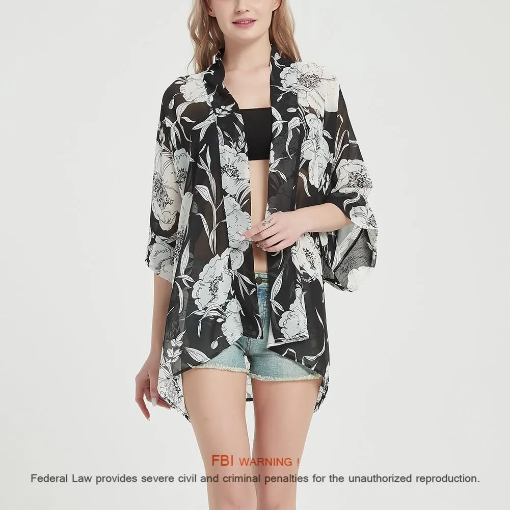 Women's Loose Print Sheer Chiffon Kimono Beach Swim Cover up Cardigan Capes Blouse Tops