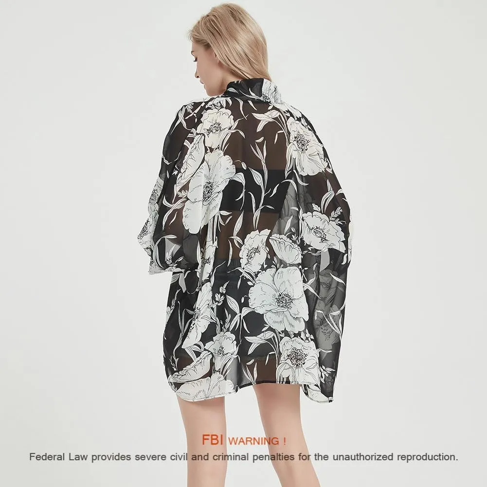 Women's Loose Print Sheer Chiffon Kimono Beach Swim Cover up Cardigan Capes Blouse Tops