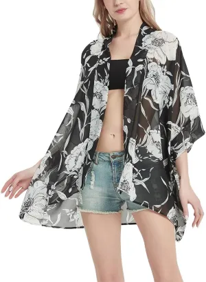 Women's Loose Print Sheer Chiffon Kimono Beach Swim Cover up Cardigan Capes Blouse Tops