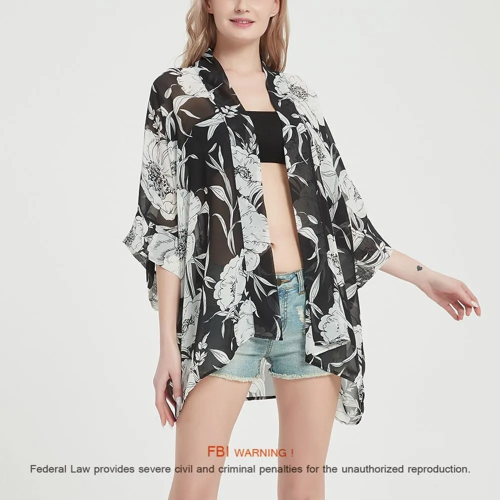 Women's Loose Print Sheer Chiffon Kimono Beach Swim Cover up Cardigan Capes Blouse Tops