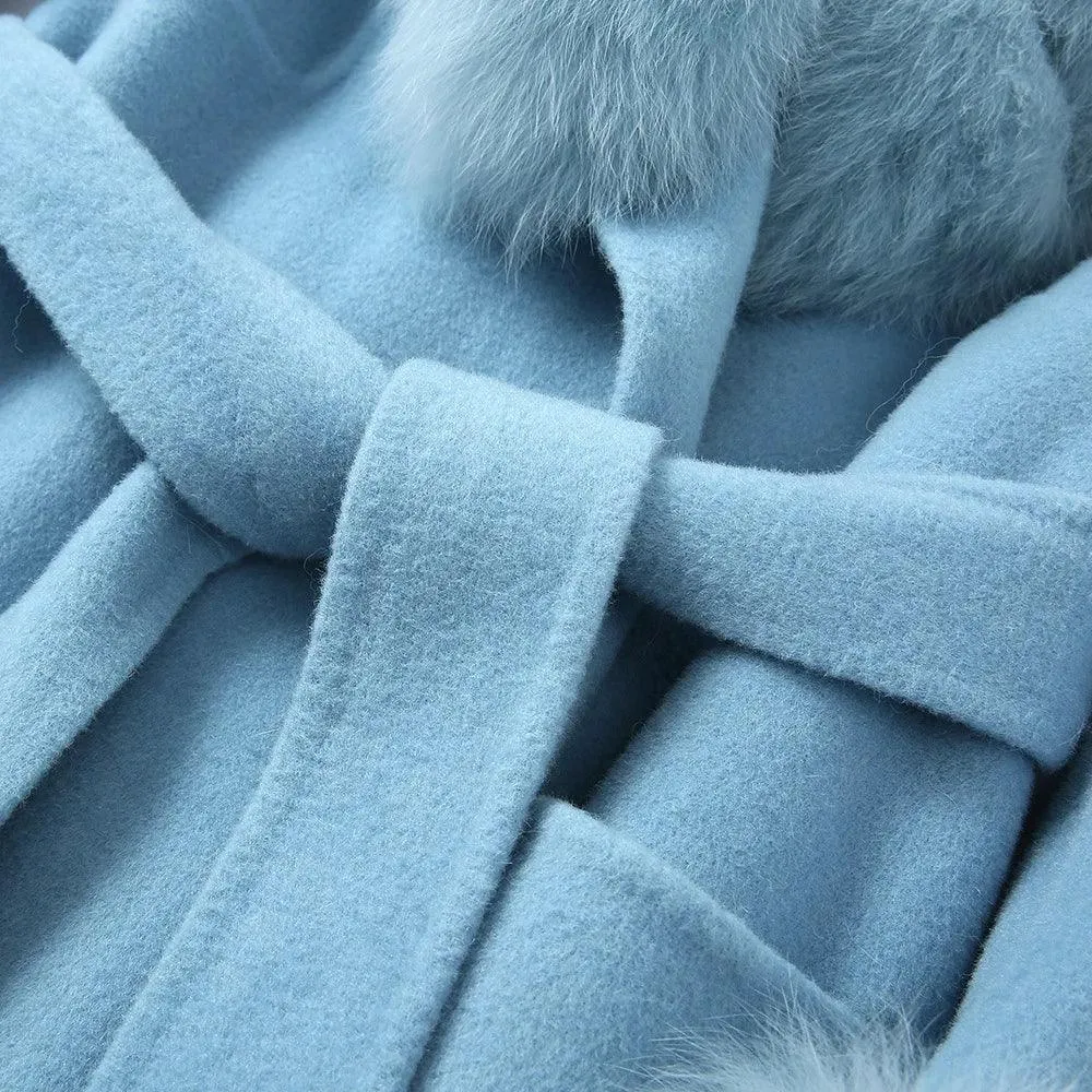 Women's Luxury Long Wool Coat with Detachable Fox Fur Col...