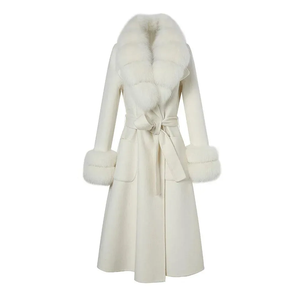Women's Luxury Long Wool Coat with Detachable Fox Fur Col...