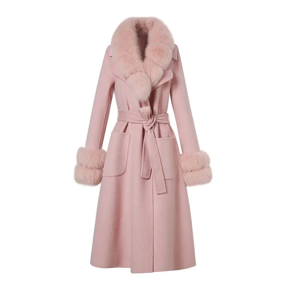 Women's Luxury Long Wool Coat with Detachable Fox Fur Col...