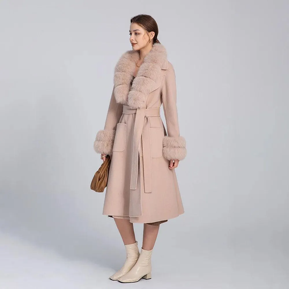Women's Luxury Long Wool Coat with Detachable Fox Fur Col...