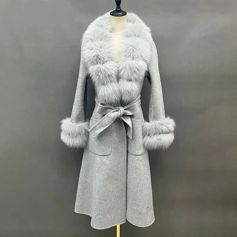 Women's Luxury Long Wool Coat with Detachable Fox Fur Col...