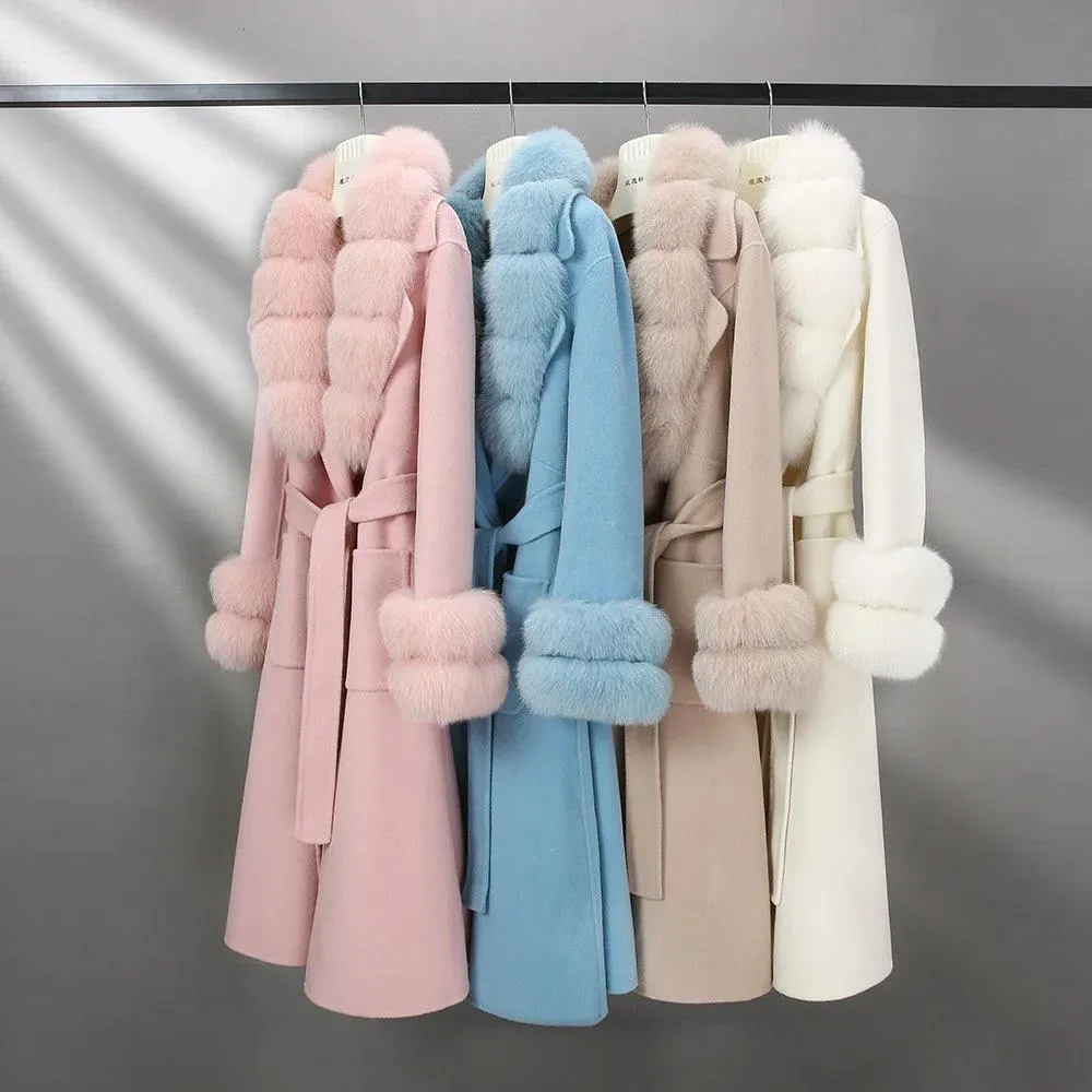 Women's Luxury Long Wool Coat with Detachable Fox Fur Col...