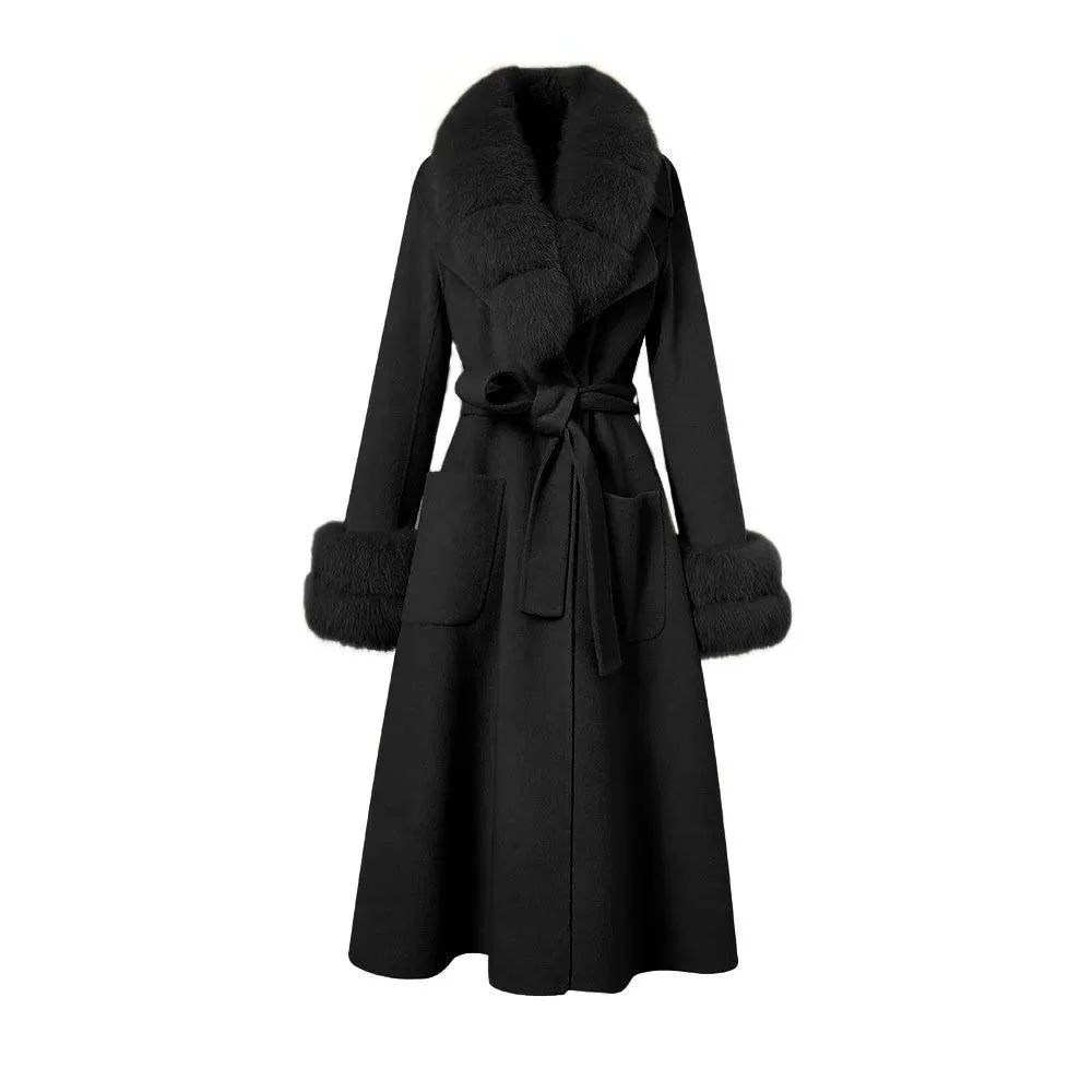 Women's Luxury Long Wool Coat with Detachable Fox Fur Col...