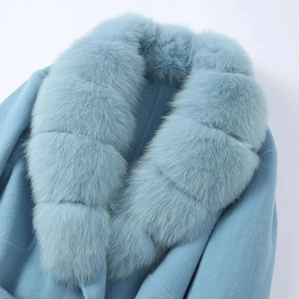 Women's Luxury Long Wool Coat with Detachable Fox Fur Col...