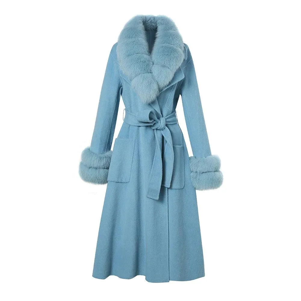 Women's Luxury Long Wool Coat with Detachable Fox Fur Col...