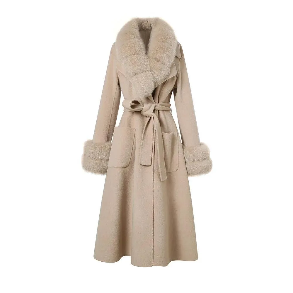 Women's Luxury Long Wool Coat with Detachable Fox Fur Col...