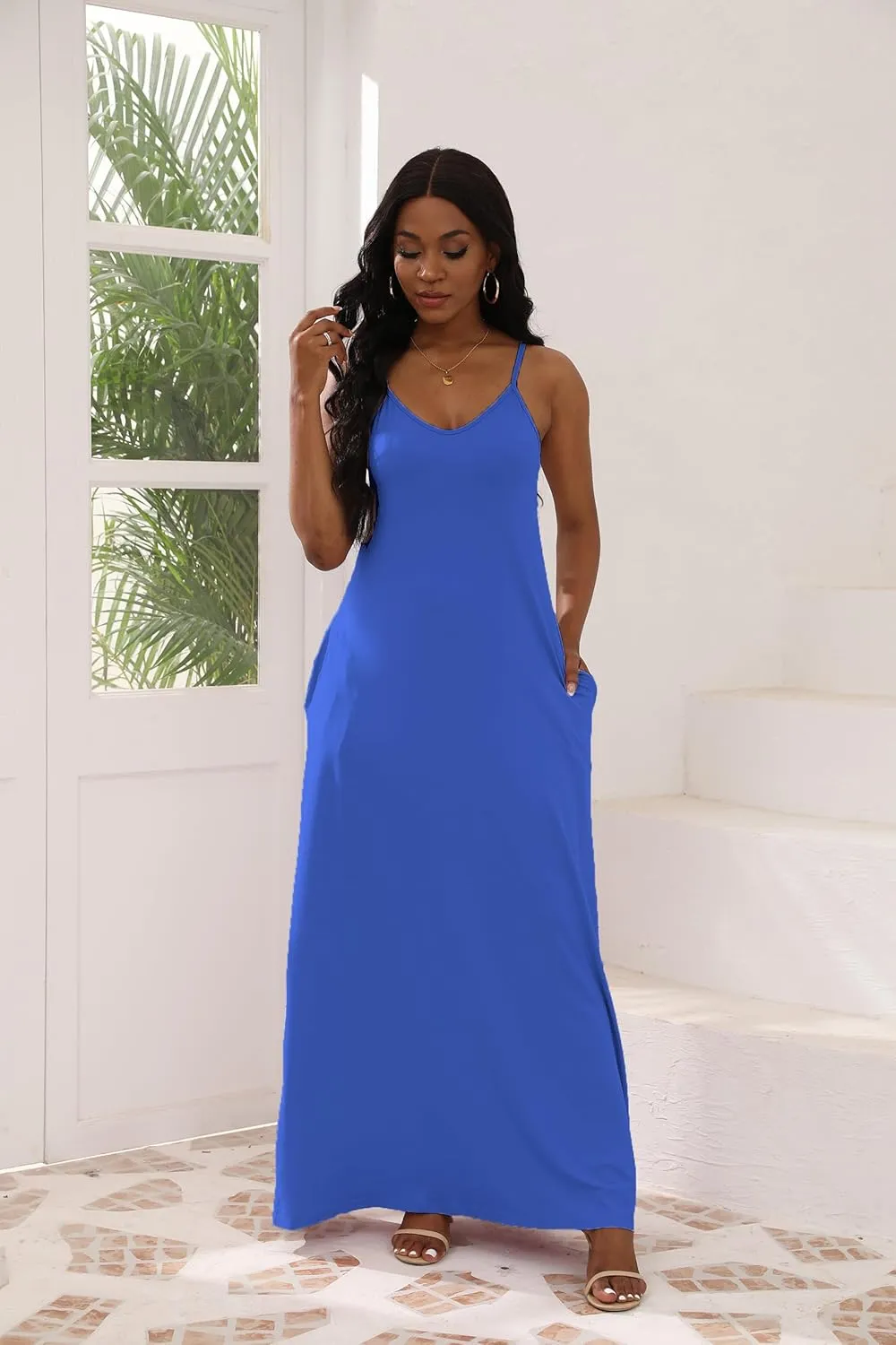 Women's Maxi Dresses V-Neck Adjustable Spaghetti Strap Sleeveless Dress Plus Size with Pockets