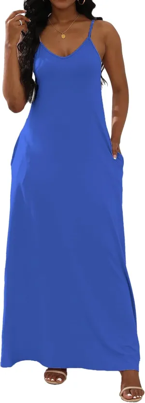 Women's Maxi Dresses V-Neck Adjustable Spaghetti Strap Sleeveless Dress Plus Size with Pockets