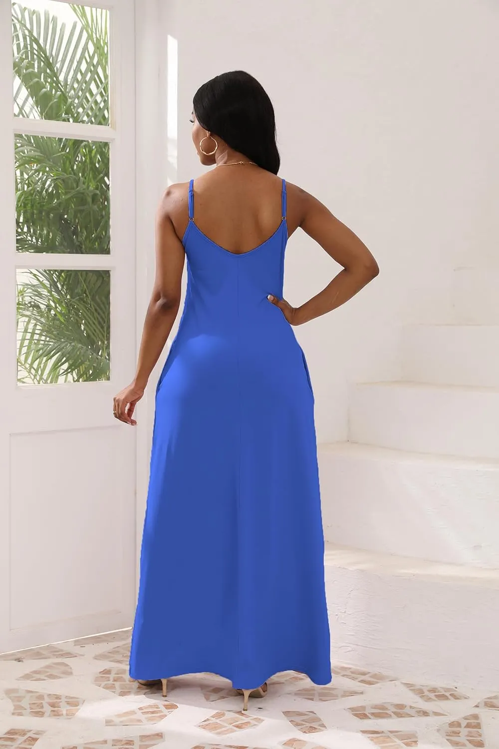 Women's Maxi Dresses V-Neck Adjustable Spaghetti Strap Sleeveless Dress Plus Size with Pockets