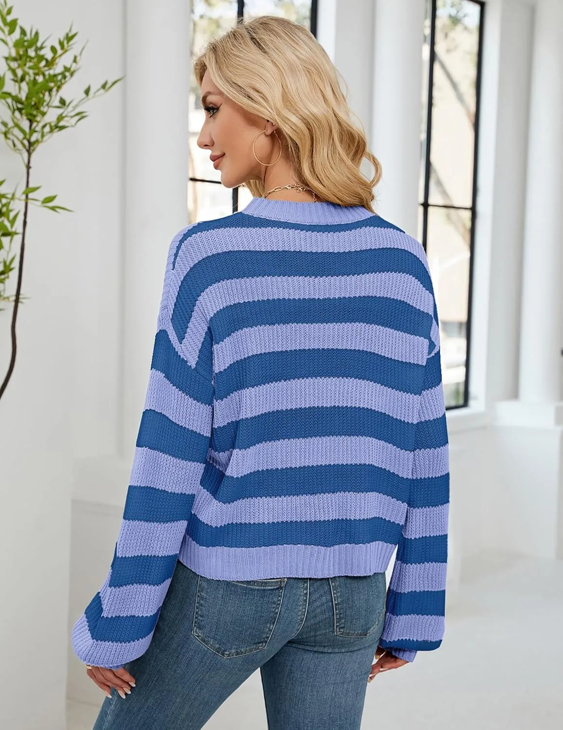 Womens Oversized Lightweight Cute Striped Cropped Sweater Spring 2025 Knitted Crew Neck Thin Crop Pullover Tops