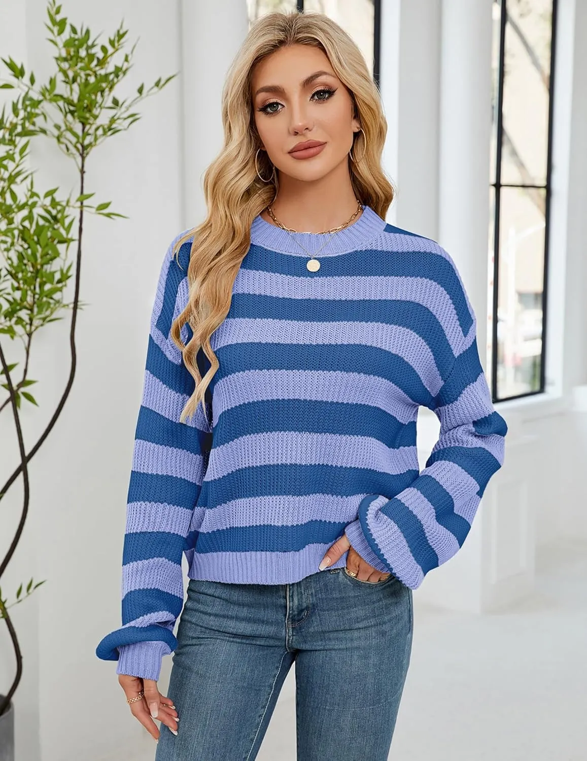 Womens Oversized Lightweight Cute Striped Cropped Sweater Spring 2025 Knitted Crew Neck Thin Crop Pullover Tops