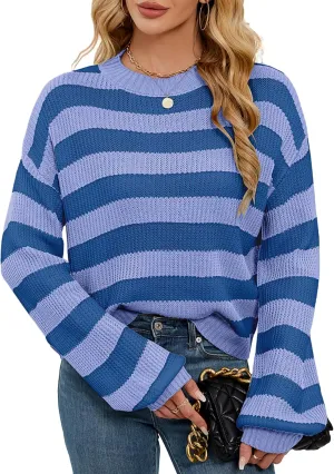 Womens Oversized Lightweight Cute Striped Cropped Sweater Spring 2025 Knitted Crew Neck Thin Crop Pullover Tops