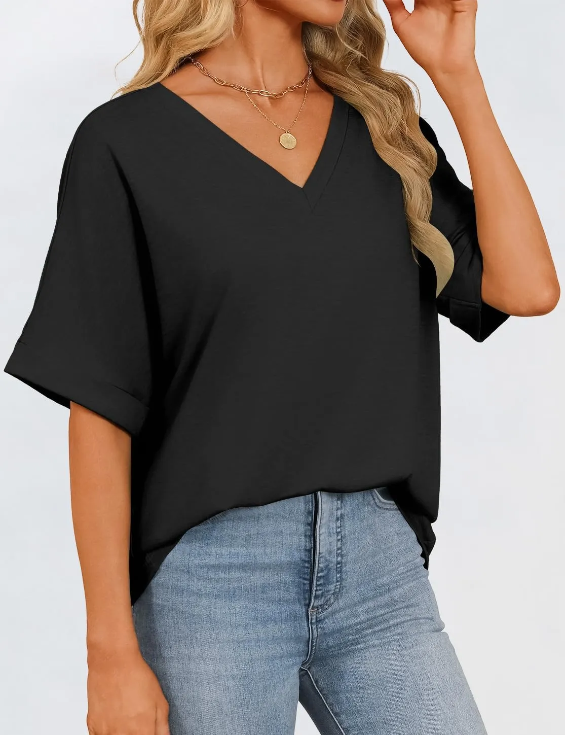 Womens Oversized T Shirts V Neck Loose Fit Shirts Short Sleeve Summer Casual Tops 2025 Trendy Blouses Y2K Plain Tees