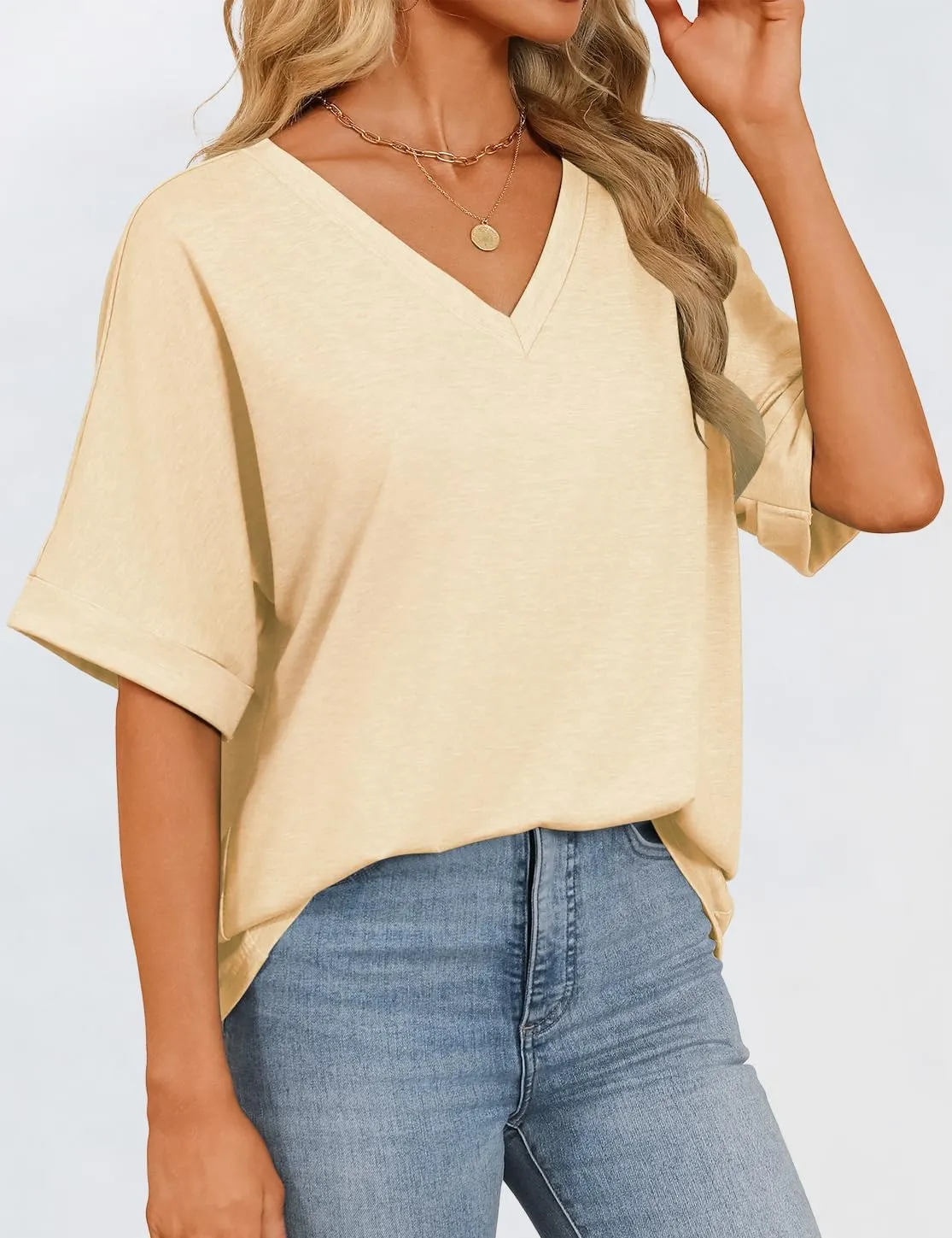 Womens Oversized T Shirts V Neck Loose Fit Shirts Short Sleeve Summer Casual Tops 2025 Trendy Blouses Y2K Plain Tees