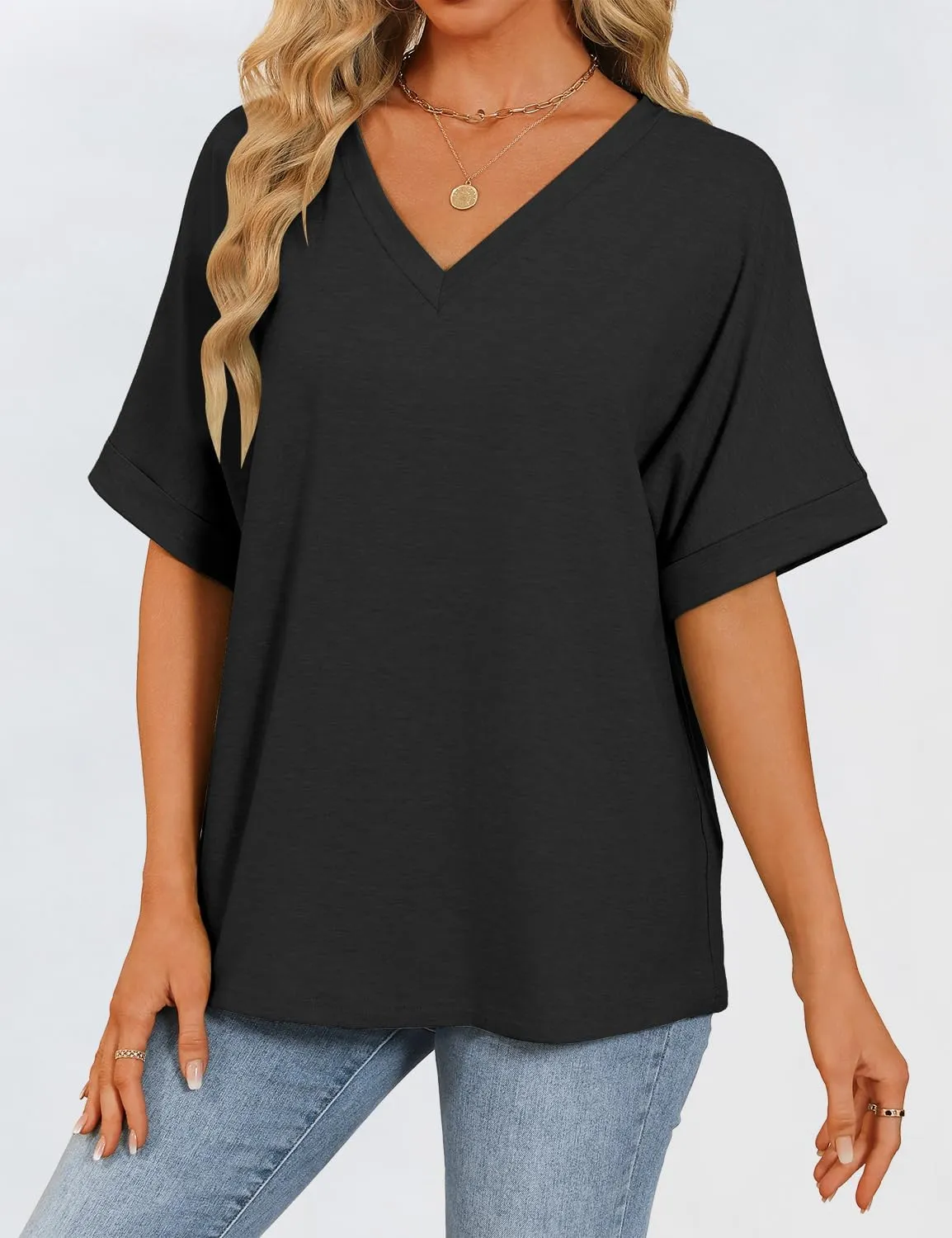 Womens Oversized T Shirts V Neck Loose Fit Shirts Short Sleeve Summer Casual Tops 2025 Trendy Blouses Y2K Plain Tees