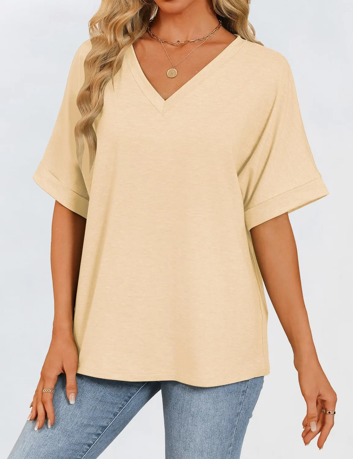 Womens Oversized T Shirts V Neck Loose Fit Shirts Short Sleeve Summer Casual Tops 2025 Trendy Blouses Y2K Plain Tees