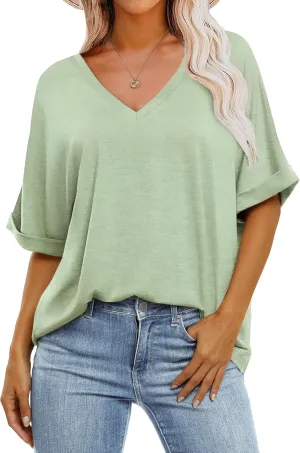 Womens Oversized T Shirts V Neck Loose Fit Shirts Short Sleeve Summer Casual Tops 2025 Trendy Blouses Y2K Plain Tees
