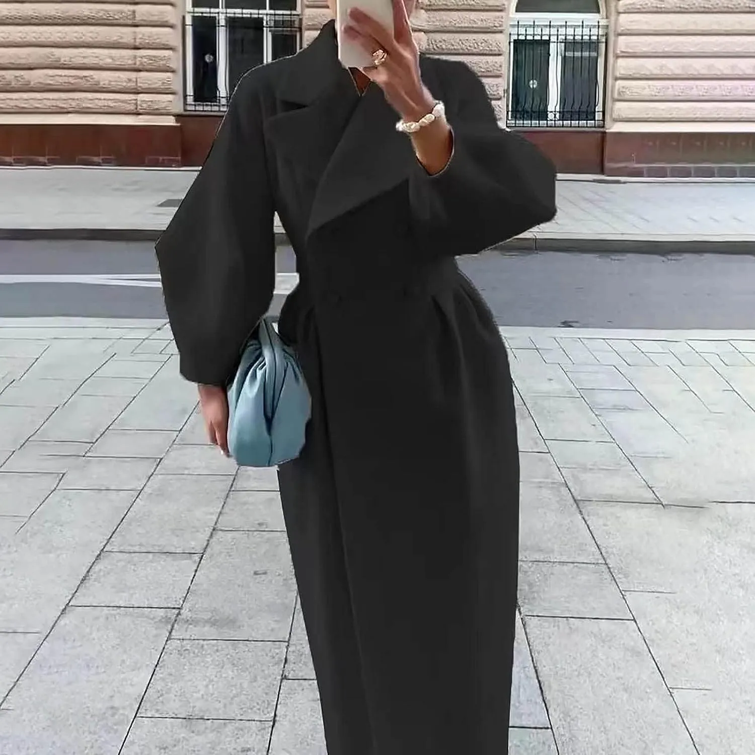Womens peacoat Double Breasted Lapel Wool Ankle Length Solid Color Overcoat Lantern Sleeve Long Trench Coat