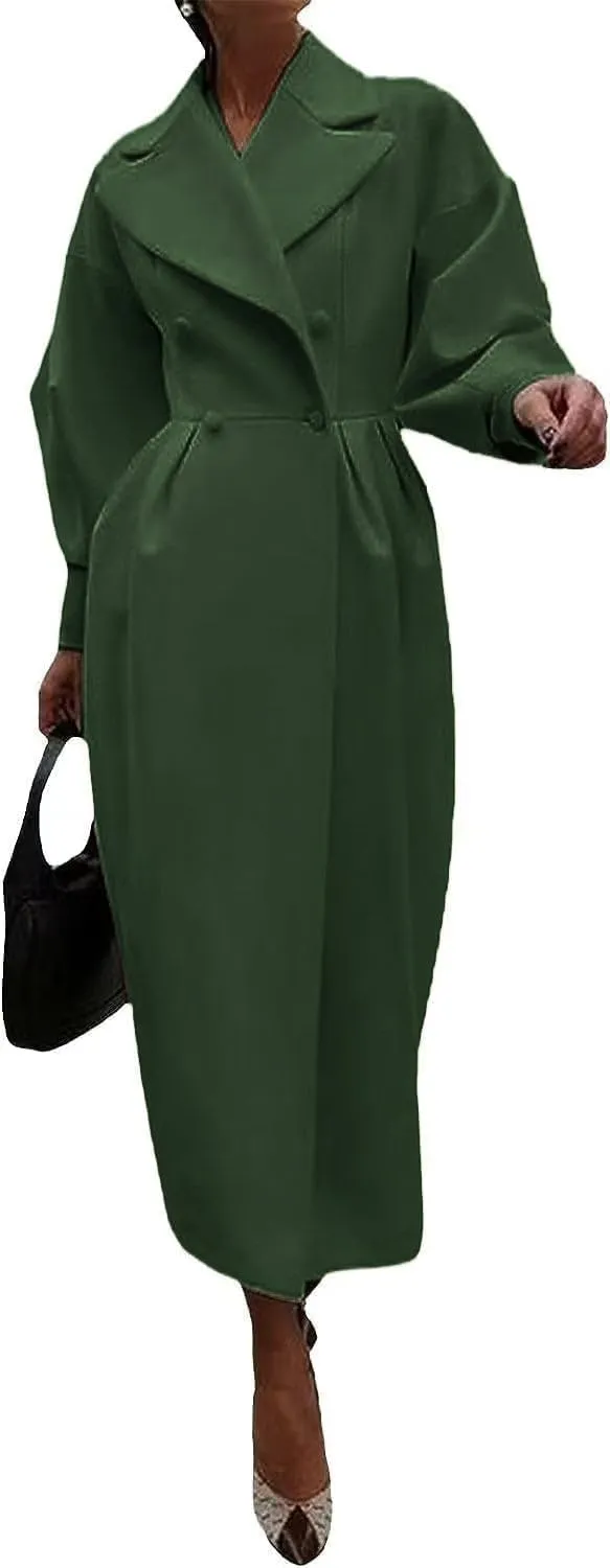 Womens peacoat Double Breasted Lapel Wool Ankle Length Solid Color Overcoat Lantern Sleeve Long Trench Coat