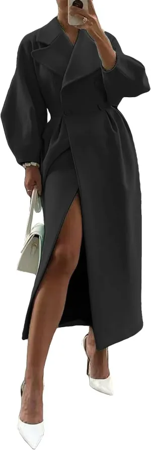 Womens peacoat Double Breasted Lapel Wool Ankle Length Solid Color Overcoat Lantern Sleeve Long Trench Coat