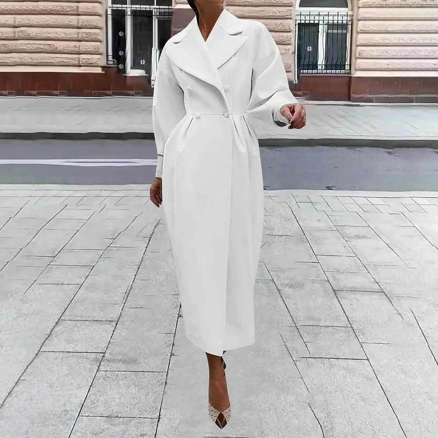 Womens peacoat Double Breasted Lapel Wool Ankle Length Solid Color Overcoat Lantern Sleeve Long Trench Coat