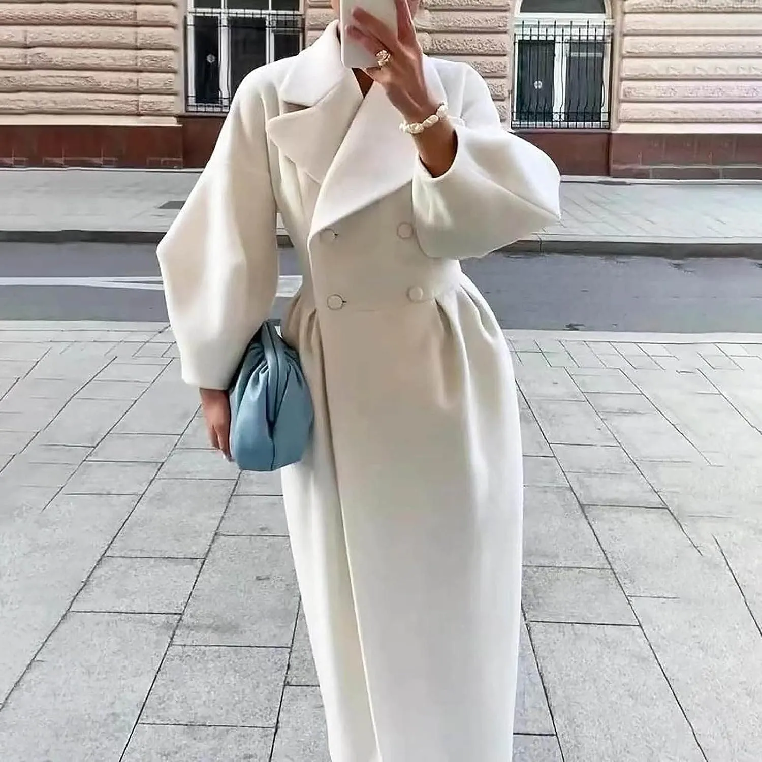 Womens peacoat Double Breasted Lapel Wool Ankle Length Solid Color Overcoat Lantern Sleeve Long Trench Coat