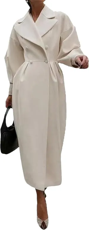 Womens peacoat Double Breasted Lapel Wool Ankle Length Solid Color Overcoat Lantern Sleeve Long Trench Coat