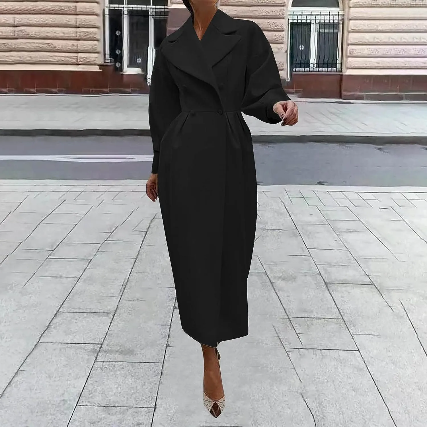 Womens peacoat Double Breasted Lapel Wool Ankle Length Solid Color Overcoat Lantern Sleeve Long Trench Coat