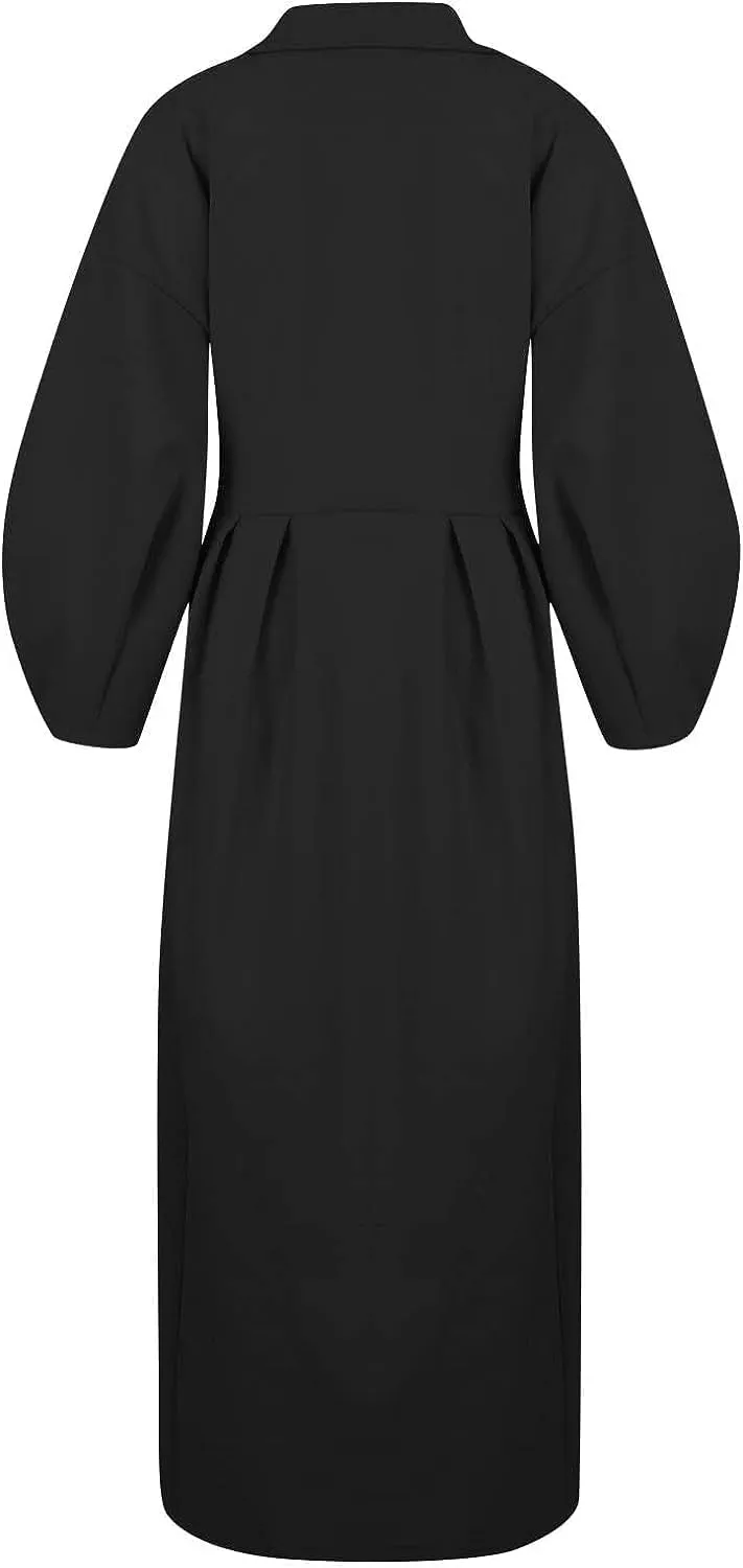 Womens peacoat Double Breasted Lapel Wool Ankle Length Solid Color Overcoat Lantern Sleeve Long Trench Coat