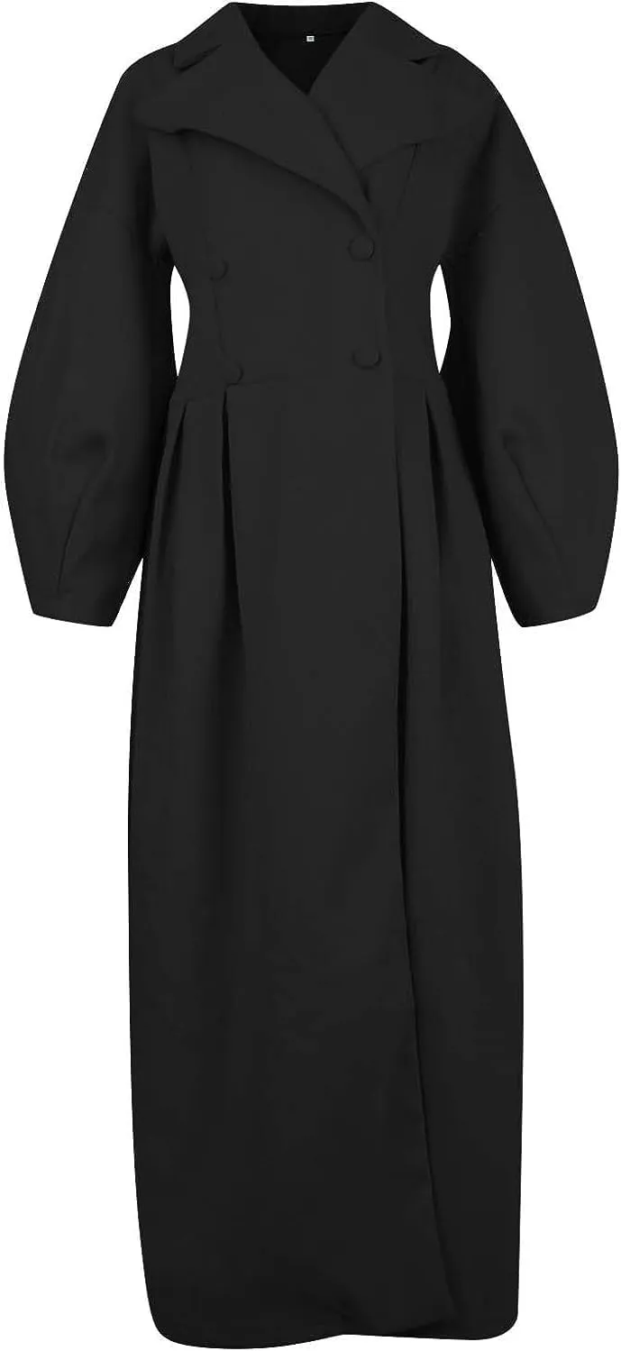 Womens peacoat Double Breasted Lapel Wool Ankle Length Solid Color Overcoat Lantern Sleeve Long Trench Coat