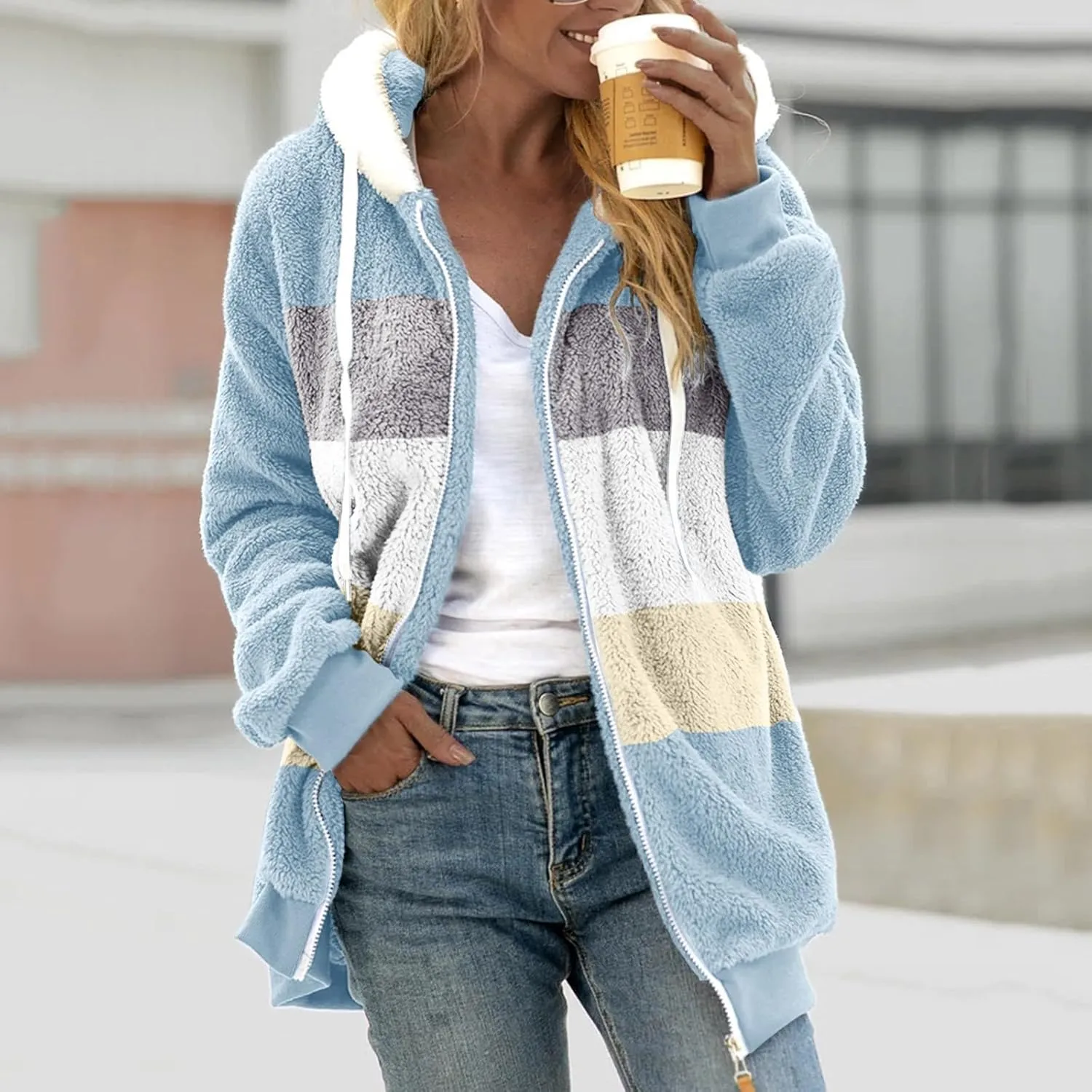 Womens Plus Size Fuzzy Fleece Jacket Winter Full Zip Plush Hooded Cardigan Coats Soft Oversized Shaggy Warm Outerwear