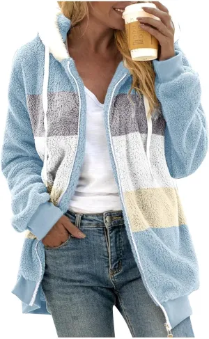 Womens Plus Size Fuzzy Fleece Jacket Winter Full Zip Plush Hooded Cardigan Coats Soft Oversized Shaggy Warm Outerwear