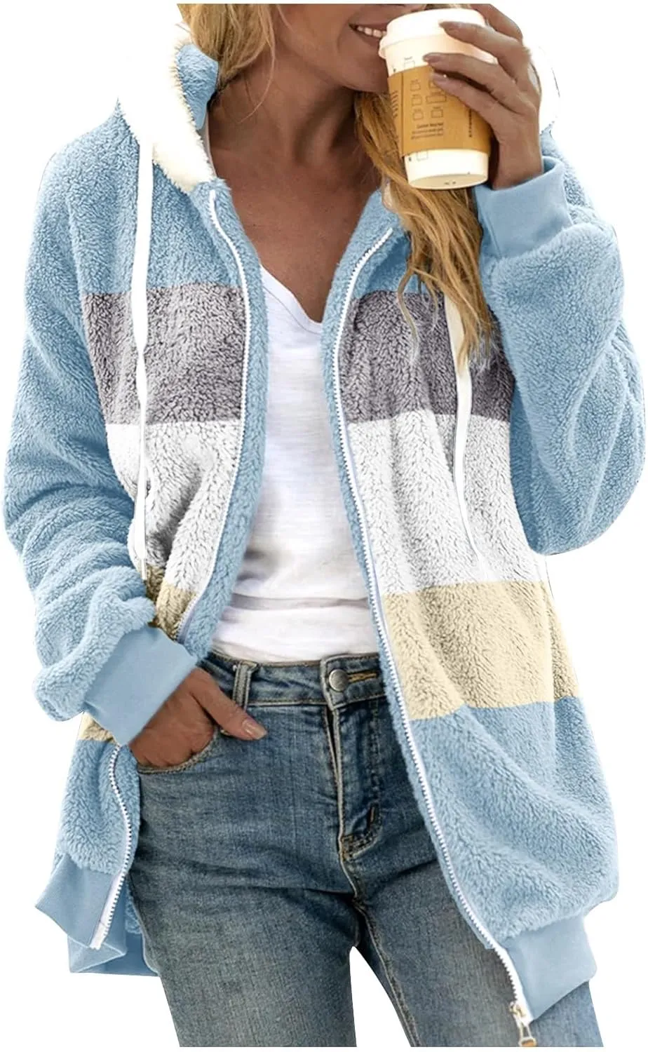 Womens Plus Size Fuzzy Fleece Jacket Winter Full Zip Plush Hooded Cardigan Coats Soft Oversized Shaggy Warm Outerwear