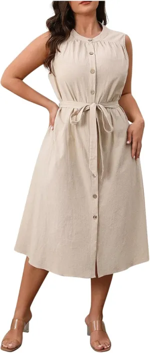 Women's Plus Size High Waist Business Casual Midi Dress, Sleeveless Crewneck Button Down Office Clothes with Belted