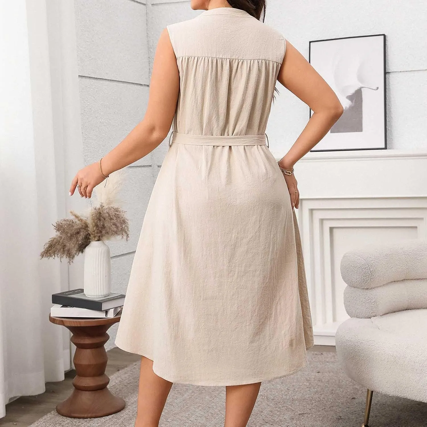 Women's Plus Size High Waist Business Casual Midi Dress, Sleeveless Crewneck Button Down Office Clothes with Belted