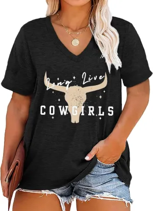 Womens Plus Size T Shirt Country Music Cowgirl Shirt Vintage Cow Printed Tshirts V Neck Short Sleeve Tops