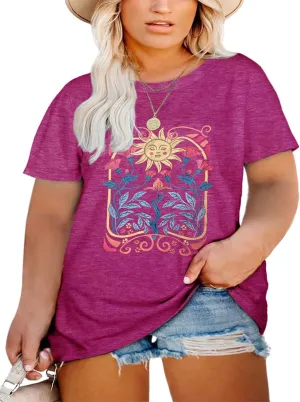 Womens Plus Size Tops Boho Floral Print Shirt Cute Graphic Moon Flower Tee Short Sleeve Summer T-Shirt