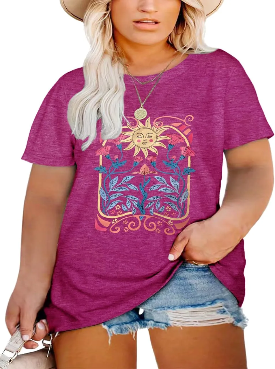 Womens Plus Size Tops Boho Floral Print Shirt Cute Graphic Moon Flower Tee Short Sleeve Summer T-Shirt