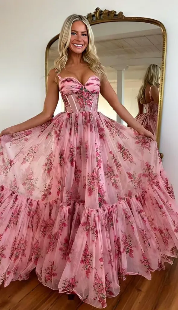 Women's Printed Floral Chiffon Prom Dress Spaghetti Straps A Line Long Ruffles Bridesmaid Evening Formal Ball Gowns
