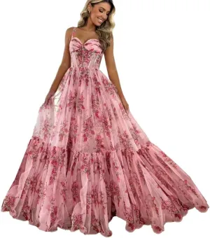 Women's Printed Floral Chiffon Prom Dress Spaghetti Straps A Line Long Ruffles Bridesmaid Evening Formal Ball Gowns