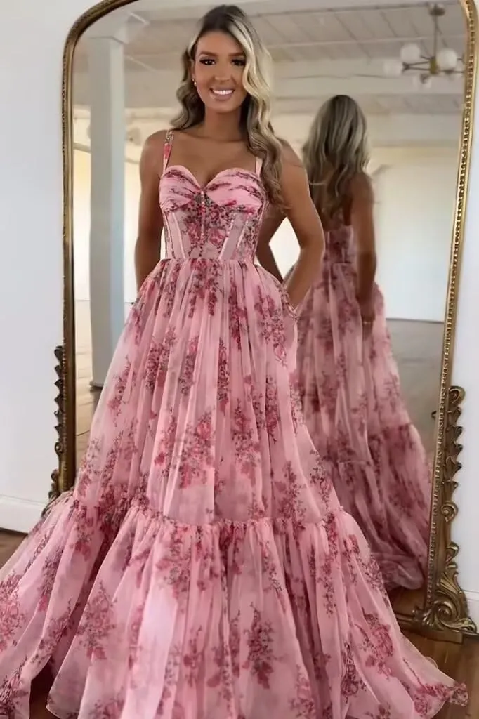 Women's Printed Floral Chiffon Prom Dress Spaghetti Straps A Line Long Ruffles Bridesmaid Evening Formal Ball Gowns