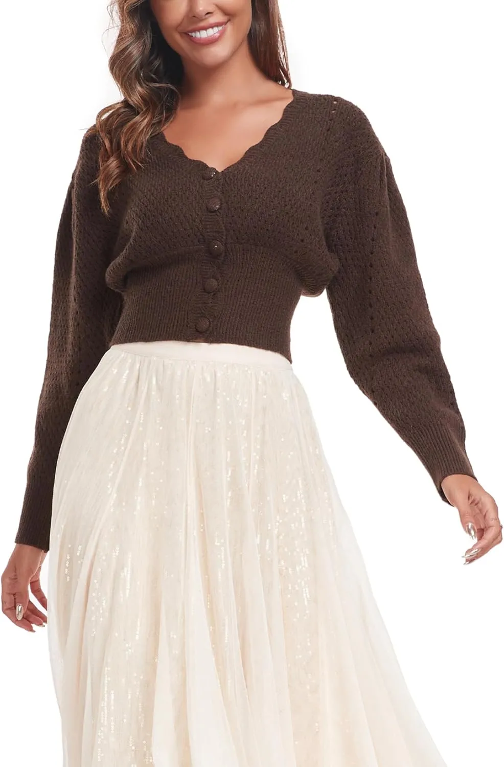 Women's Puff Short Sleeve Sweater V-Neck Button Knit Tops Crochet Soft Knitwear