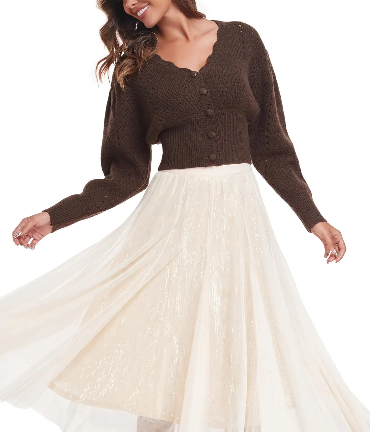 Women's Puff Short Sleeve Sweater V-Neck Button Knit Tops Crochet Soft Knitwear